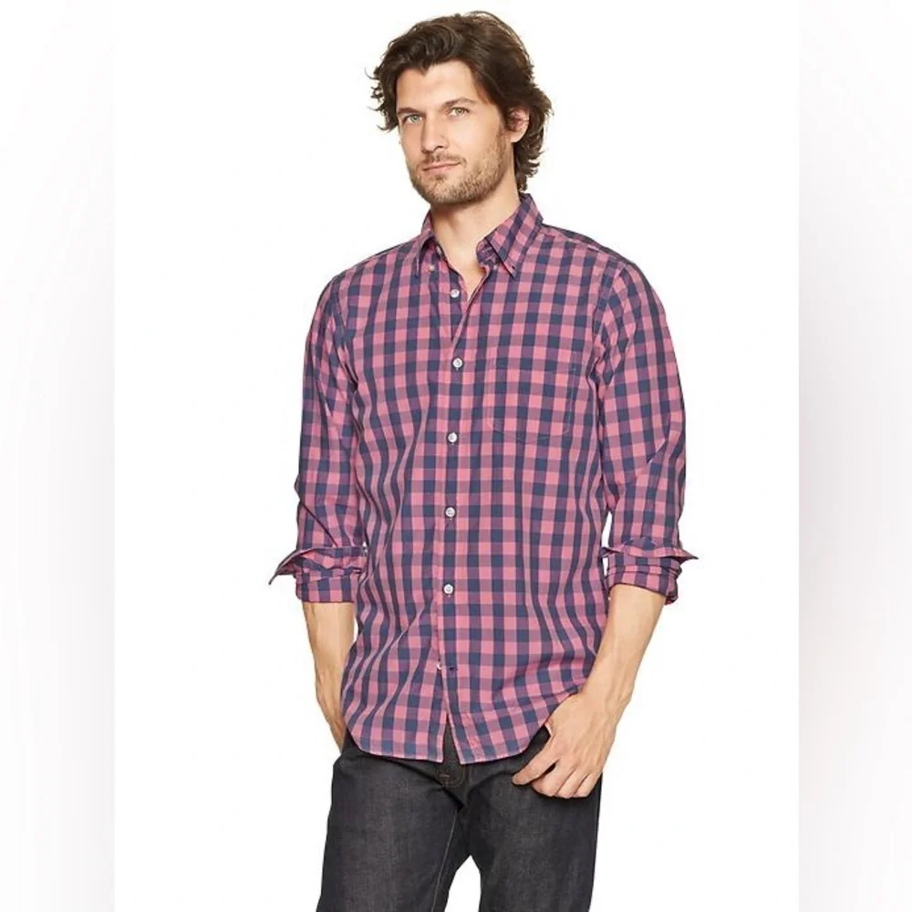 J. Crew Slim Stretch Button Down Shirt Pink Blue Gingham Checkered size Large